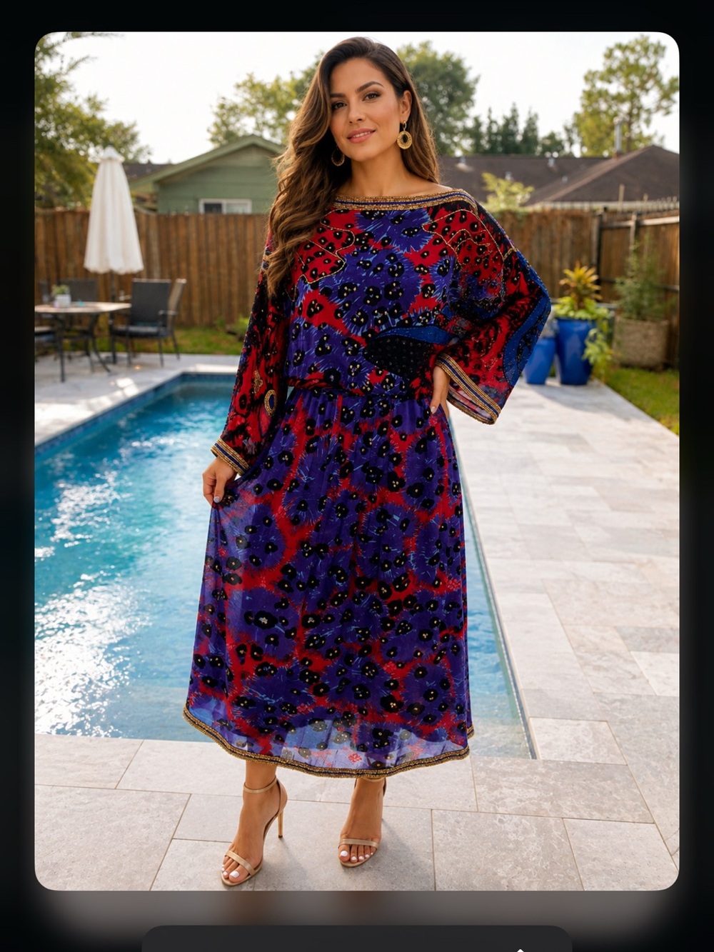 Neiman Marcus Purple, Red & Gold Beaded Floral Maxi Dress